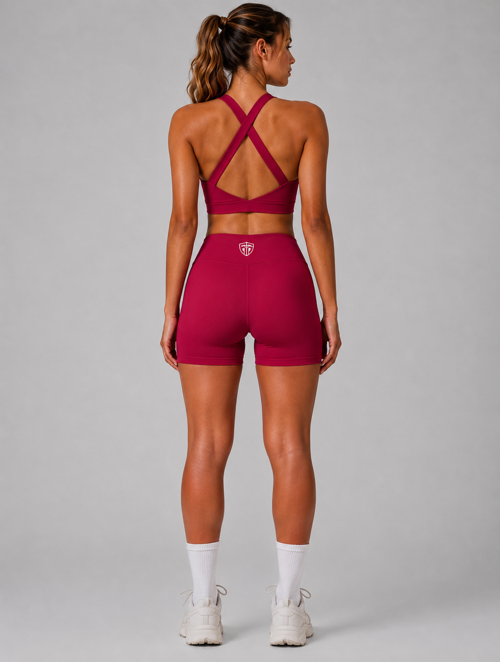 Flex collection — seamless cross back sports bra and high waist shorts in neutral colorway