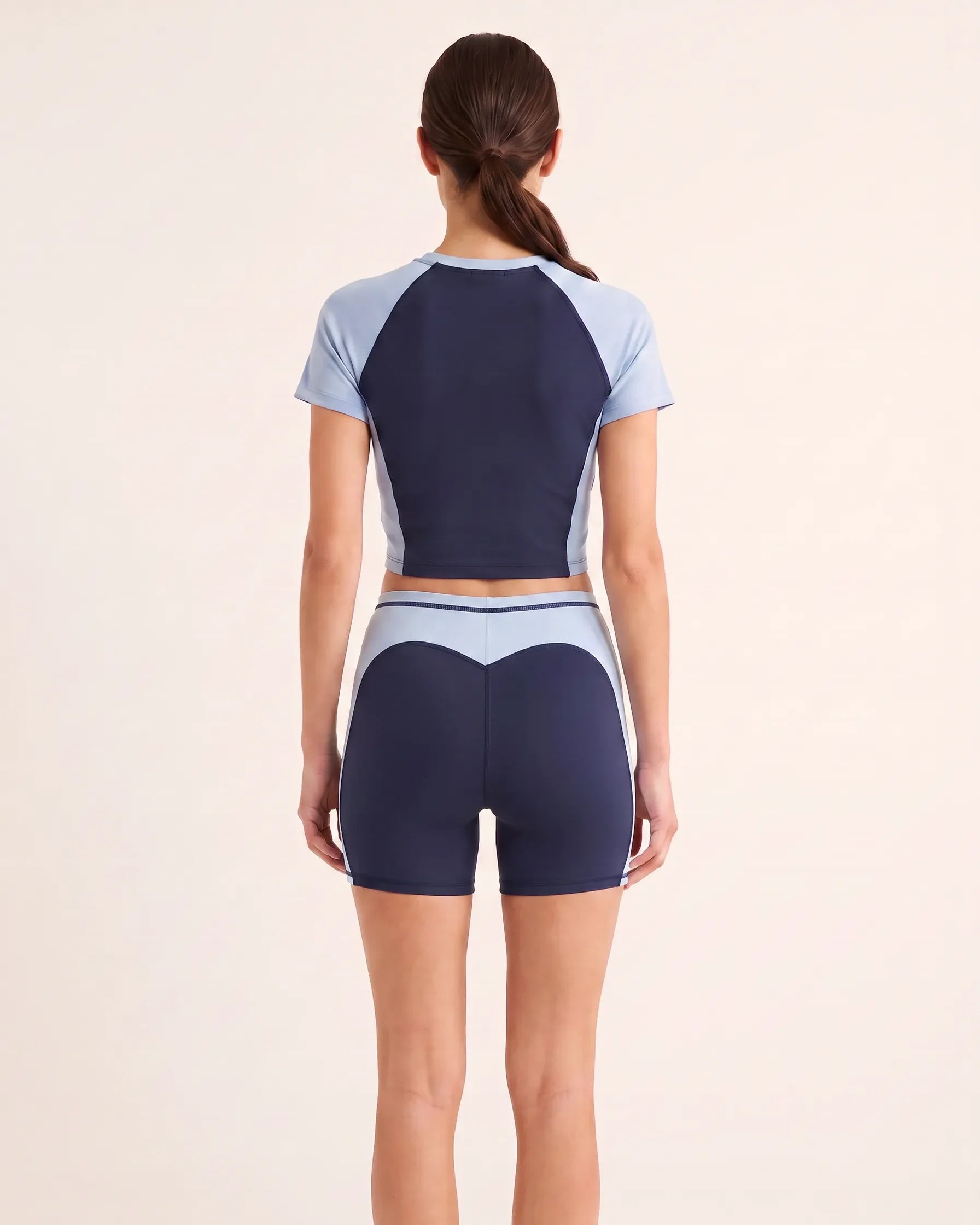 Navy Colorblock Short Sleeve Top — fitted cropped training top in navy colorblock, ferroFORME