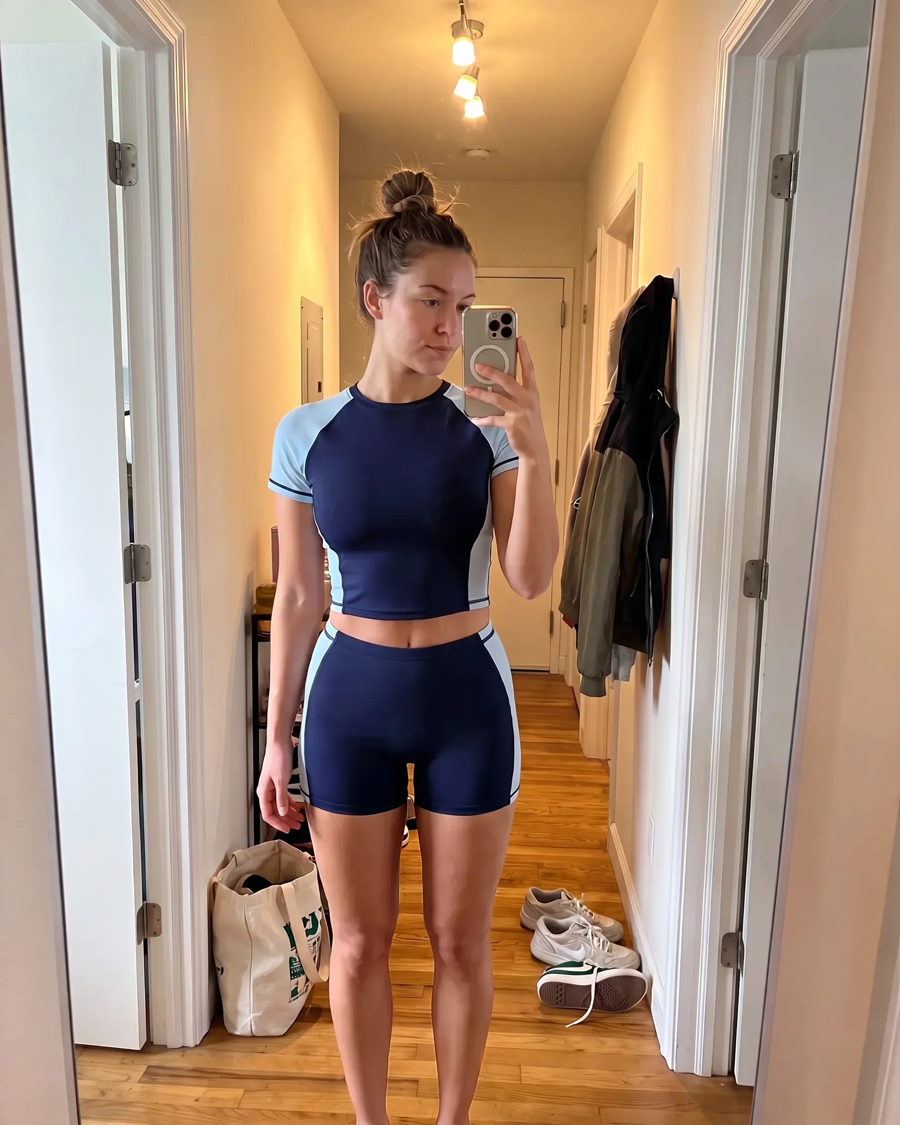 Navy Colorblock Short Sleeve Top — powder blue side panels on cropped navy top, ferroFORME