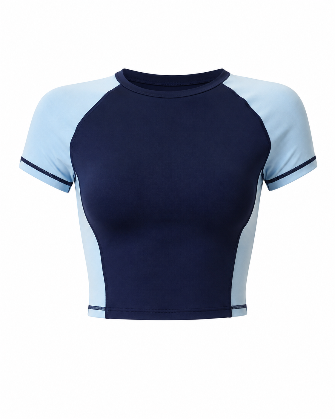 Navy Colorblock Short Sleeve Top — cropped top with powder blue raglan sleeves, ferroFORME