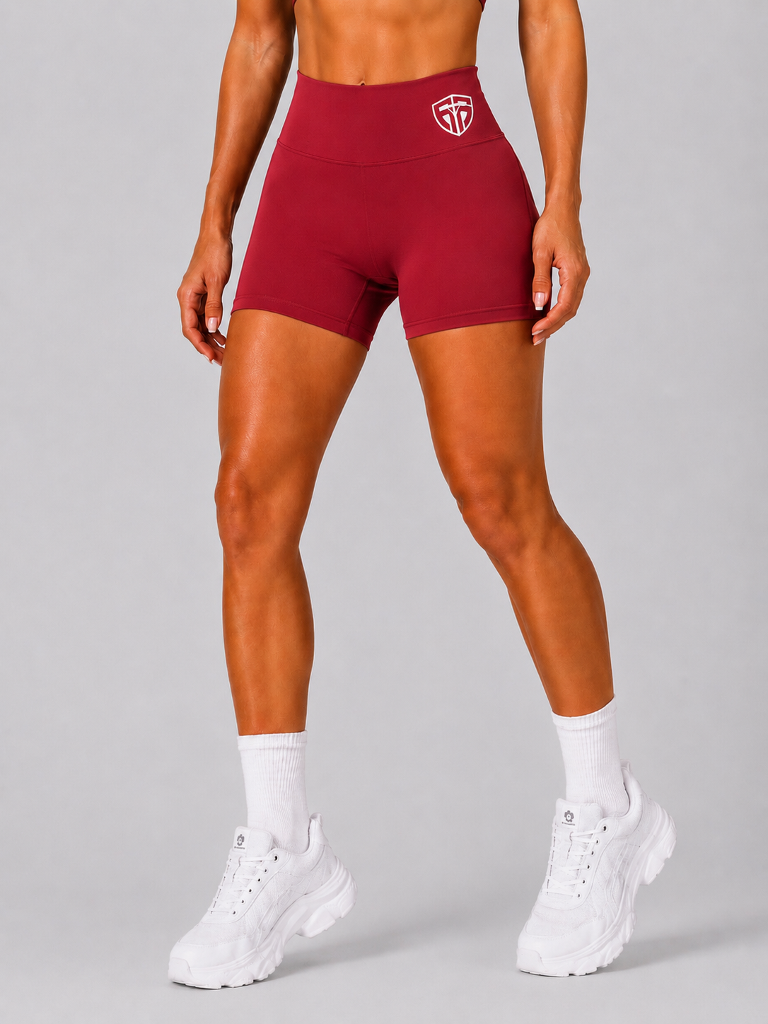FORME Fit Shorts — crisscross 3 inch compression shorts, front view